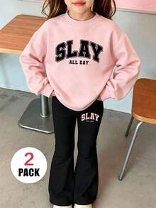 Tween Girl Fun Print Crew Neck Sweatshirt & Flare Pants 2 Pieces Set, Fashionable & Versatile - Pink - View 2