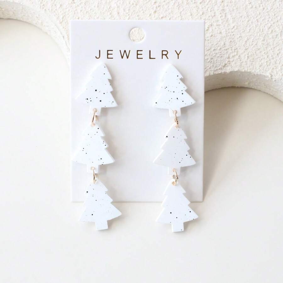 Christmas 1 Pair Triple Hanging Snowing Christmas Tree Acrylic Dangle Earrings, Clay Texture, Cute & Elegant, Suitable For Daily Wear, Party, Vacation, Gift-Giving, Holiday Gift - Y1433 - View 1