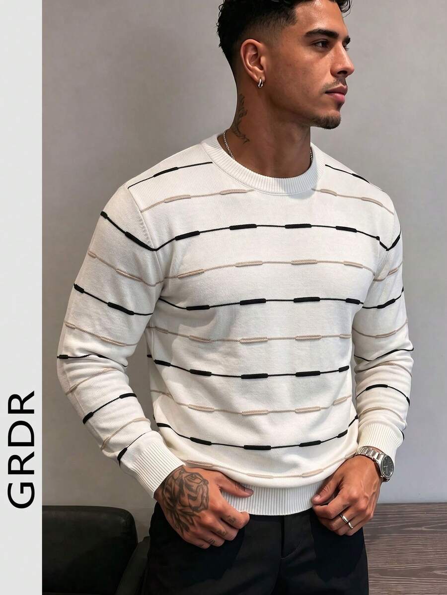 GRDR Men's Knit Sweater, Solid Color Long Sleeve, Suitable For Autumn/Winter Outings, Fashion Essential - White - View 1
