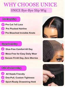 UNice Yaki Straight Layered Bye-Bye Slip 7x5 Lace Glueless Human Hair Wig With Drawstring Fit For All Sizes Pre Cut Pre Plucked Pre Bleached Put On And Go Natural Black Wig For Women 180% Density - Natural Black - View 12