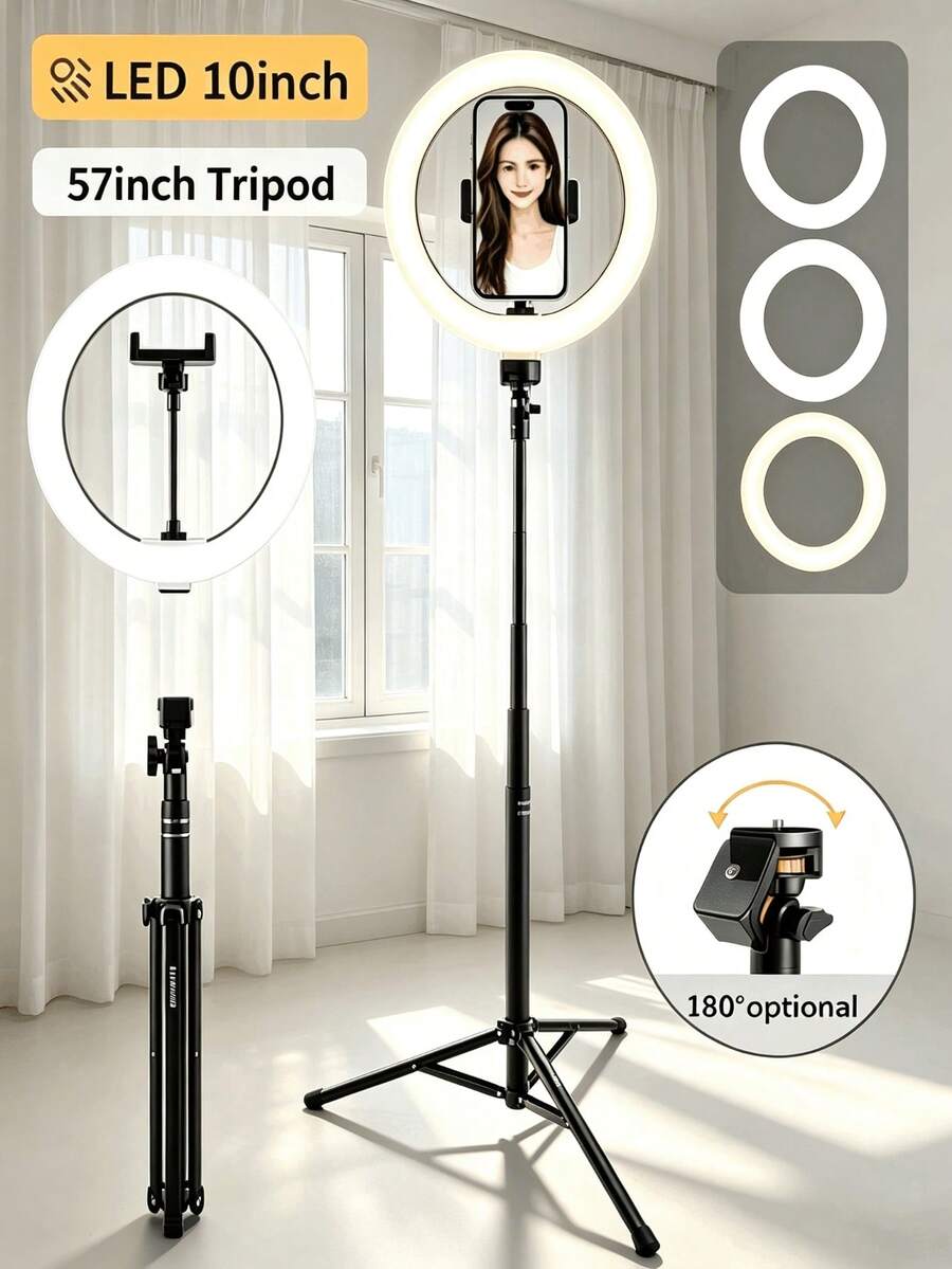 Uegogo 10-Inch LED Ring Light With 1.45m Adjustable Tripod Stand, 3 Color Modes, Portable Fill Light With Phone Holder, Suitable For Makeup, Selfie, Live Streaming, Photography, Video Calls, Vlog And Content Creation - Black - View 1