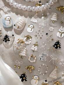 1pc Full Coverage 5D Embossed Metallic Nail Sticker, Christmas Snowman Rabbit Tree Wreath Bow Pattern, Glossy 3D Textured Nail Art Decor, Suitable For Christmas Party DIY Nail Art - Multicolor - View 3