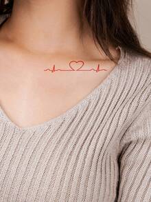 1pc Red & Black Minimalist Ins Style ECG Heart Pattern Temporary Tattoo Sticker, Waterproof Body Skin Tattoo For Arm, Shoulder, Neck, Collarbone, Party Gift, Holiday Gift, Music Festival - Multicolor - View 2