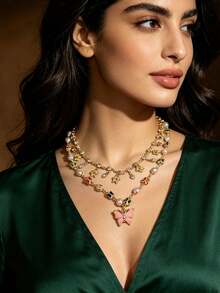 Pentagram Rhinestone Pink Butterfly Pendant Pearl Crystal Necklace Niche Sweet Style Collarbone Chain Women's Jewelry Suitable For Christmas Holiday Wear Also Can Be Given As Christmas Gift To Friends Or Family (Pattern And Color Random) - Multicolor - View 4
