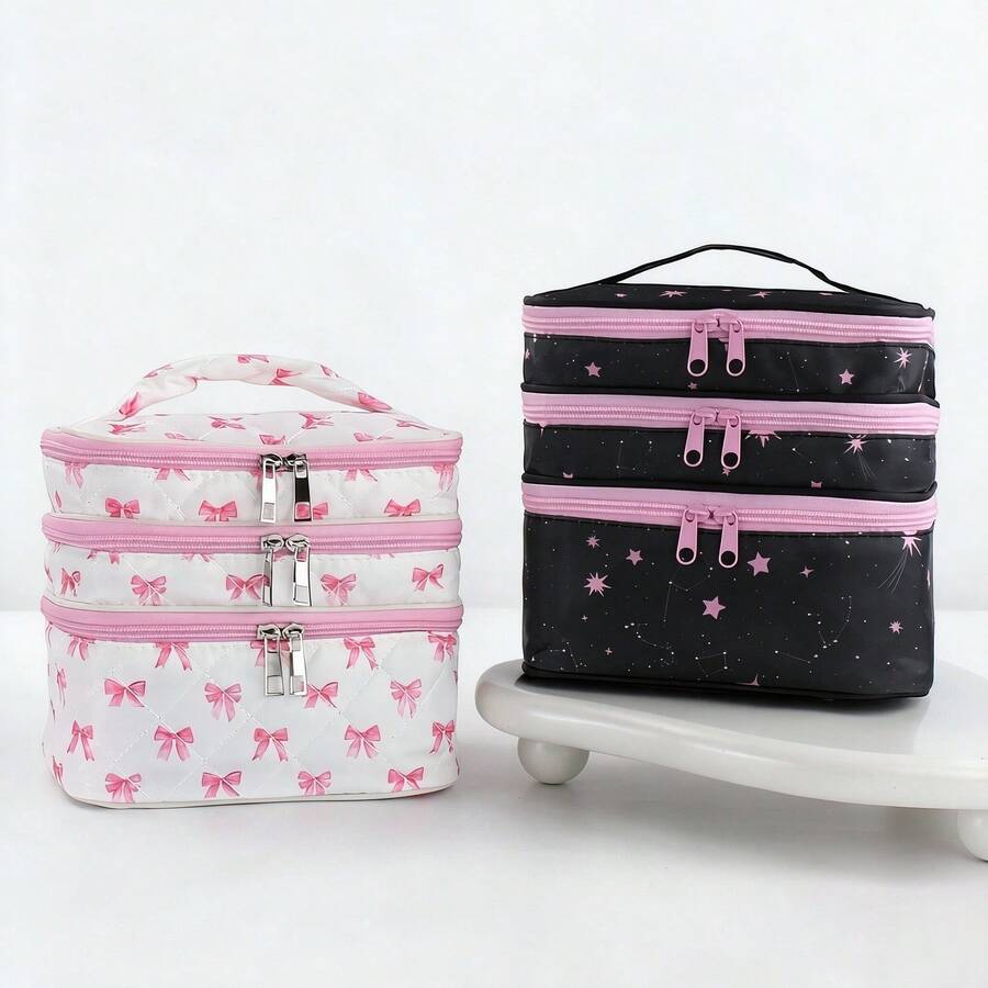 1pc Dual-Pattern 3-Layer Makeup Bag, Large Capacity Compartment Cosmetic Organizer, Multi-Layer Independent Dividers For Easy Access, Can Store Makeup, Skincare, Toiletries, Desktop Organizer And Storage Dual-Use, Portable Handheld Design, Travel Essential