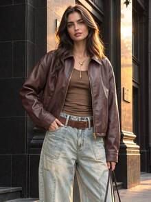 Women Fall Collared Zip‑Up Jacket, Long Sleeve Pocketed Cropped Vintage Short Outerwear Coat - Brown - View 7
