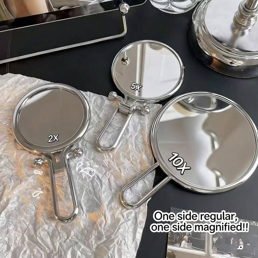 2X/5X/10X Magnifying Glass, Portable Handheld Mirror With Handle - Double-Sided Handheld Mirror, Premium Polished Metal & HD Clear Glass , Foldable Stand Dual‑Use Design ,For Girls & Makeup Enthusiasts,Portable Cosmetic Mirror For Dorm, Travel & Gift - Multicolor - View 1