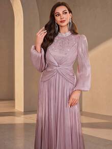 Women's Stand Collar Waist Twist Beaded Sequin Embellished Elegant Long Lantern Sleeve Shift Dress Wedding Spring Party Fall - Dusty Pink - View 1
