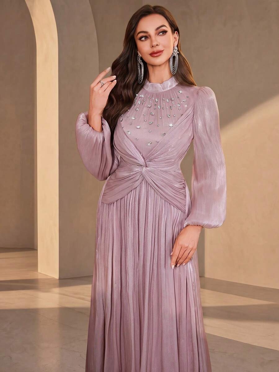 Women's Stand Collar Waist Twist Beaded Sequin Embellished Elegant Long Lantern Sleeve Shift Dress Wedding Spring Party Fall - Dusty Pink - View 1