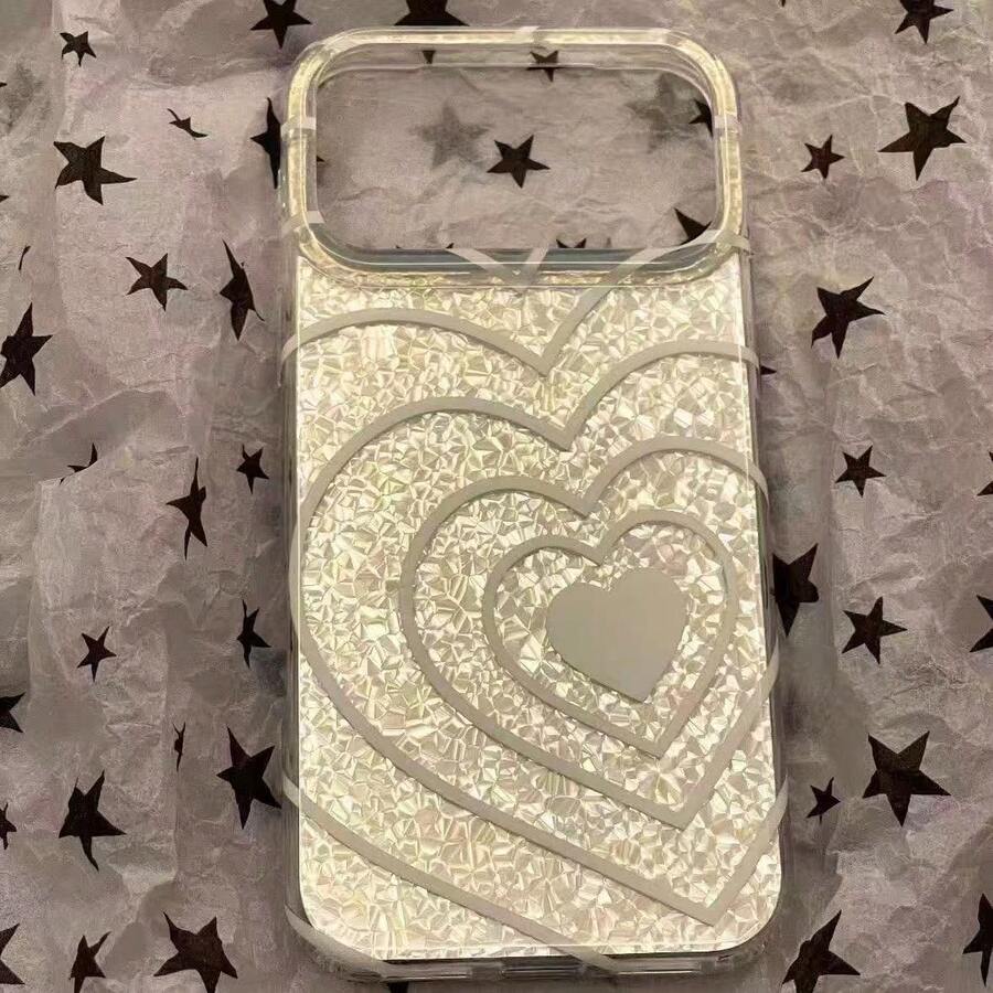 Casing Ponsel Ins Style Desain Hati Berongga Tekstur Berlian Kompatibel Dengan iPhone 17 Pro/17/16 Pro Max/17 Pro Max/15 Pro Max/14, Pelindung Anti Jatuh, Gaya Niche Kelas Atas yang Unik - Perak - View 1