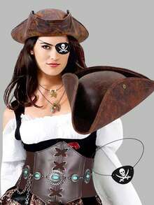 1pc Brown Faux Leather Funny Halloween Sailor Pirate Tricorne Hat, Caribbean Captain Hat Cosplay Accessory, Suitable For Party, Stage Performance, Costume, Masquerade - Multicolor - View 1