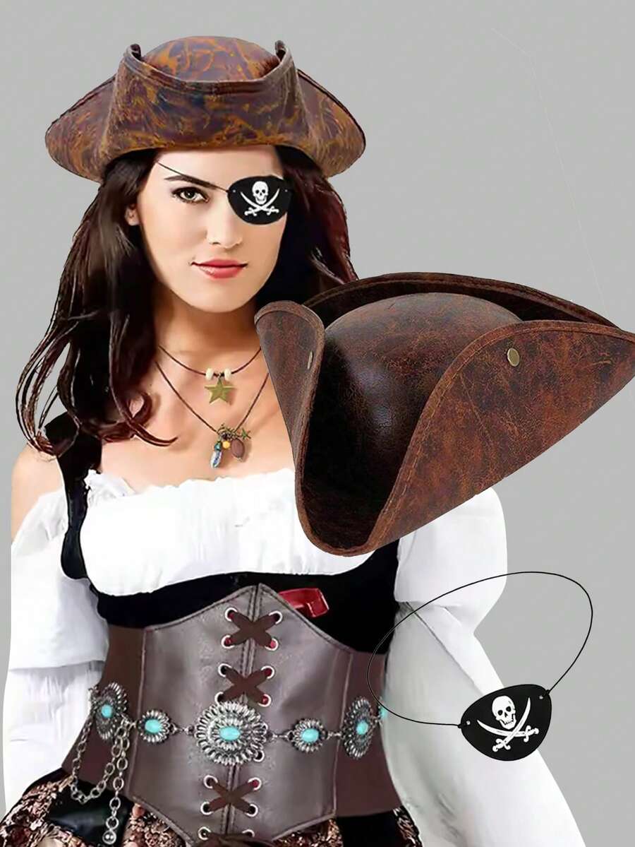 1pc Brown Faux Leather Funny Halloween Sailor Pirate Tricorne Hat, Caribbean Captain Hat Cosplay Accessory, Suitable For Party, Stage Performance, Costume, Masquerade - Multicolor - View 1