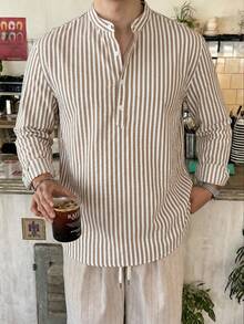 WAIT HIM Men's Casual Striped Half-Placket Long Sleeve Shirt - Khaki - View 1