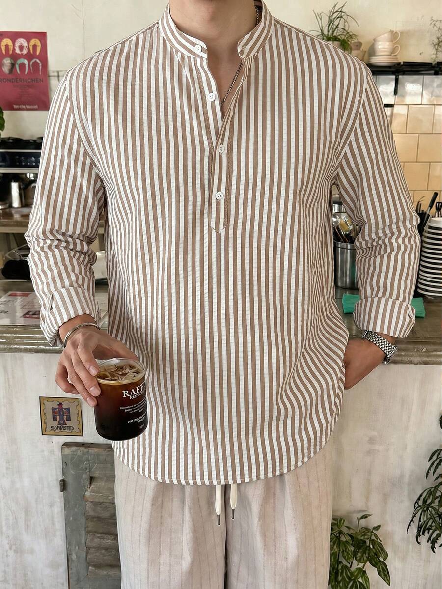WAIT HIM Men's Casual Striped Half-Placket Long Sleeve Shirt - Khaki - View 1