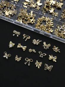 Autumn New Arrival 30PCS Gold Alloy Nail Charms, Mixed 3D Bow Heart Pearl Rabbit Flower Rhinestone Nail Art Decorations, Luxury Metal Nail Studs For DIY Manicure - Multicolor - View 5
