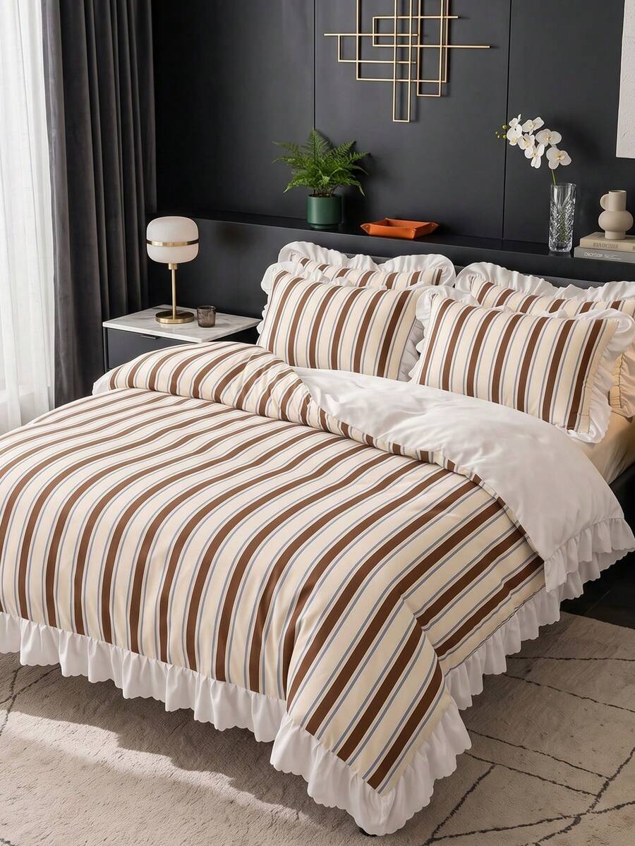 2/3pcs Ruffle Duvet Cover Set, Dorm Bedding, Brown Striped Bedding Set, Cozy Room Decor, Skin-Friendly Breathable, Ultra-Soft Anti-Pilling, No Duvet Insert, Suitable For Single/Double/Queen/King Size Bed, All Season, Machine Washable, Back To School
