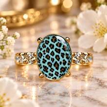 Women's Water Blue Leopard Print Oval Personalized Ring, Gold Tone Transparent Sparkling Rhinestone Decor Fashion Ring, Animal Print Cocktail Jewelry, Suitable For Party, Daily Wear And Gift Giving - Multicolor - View 4