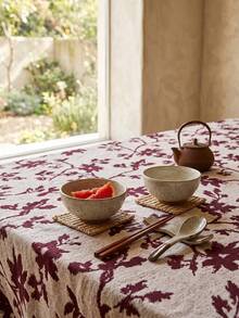 1pc Grey Background Deep Red Leaf Floral Pattern Tablecloth, Natural Vintage Style Fabric Material, Rectangular Red Polka Dot Hem Detail, Stain-Resistant Protection And Decorative Function, Suitable For Daily Home Dining Table And Natural Style Restaurant Decor - Red - View 9