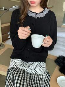 Áo cardigan len nữ phong cách Hàn Quốc, mềm mại, phối patchwork kẻ caro, cổ tròn, gấu bèo nhún, thời trang đa năng cho mùa thu/đông - màu đen - Xem 3