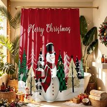 1pc Christmas Tree & Snowman Pattern Shower Curtain, Vintage Design, Waterproof, Suitable For Bathtub Partition, Bathroom Decor & Accessories, Christmas Decoration, Home Decor Gift, Includes 12 Hooks - Multicolor - View 5