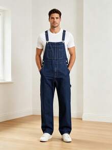 Men's Dark Blue Denim Overalls, Non-Stretch Straight Leg Cargo Pants With Chest Pocket, Multiple Utility Pockets And Adjustable Shoulder Straps - Navy Blue - View 4
