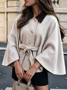 Women's Autumn/Winter Commuter Color Block Patchwork Notched Collar Tie Waist Metal Buckle Short Cape Coat Dopamine Style - Apricot - View 8