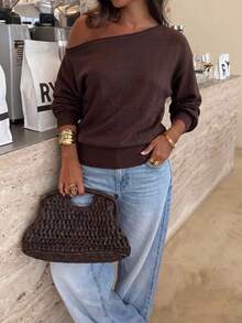 GLAMSKIN Fall Winter Women Off Shoulder Long Sleeve Knit Sweater,Slash Neck Cropped Pullover, Loose Drop Shoulder Ribbed Hem Casual Slim Crop Top - Brown - View 4
