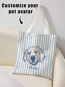 1Pc Custom Pet Photo Multi-Stripe Canvas Reusable Tote Bag, Large Lightweight Stylish Carryall For School Party Daily Shopping,Perfect Gift - Multicolor - View 9