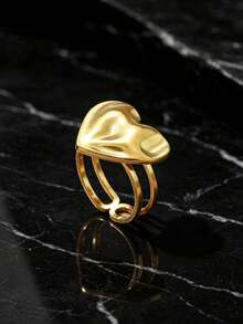 1pc Minimalist Golden Heart Open Ring Stylish Statement Jewelry For Women Daily Party Wear - Yellow Gold - View 6