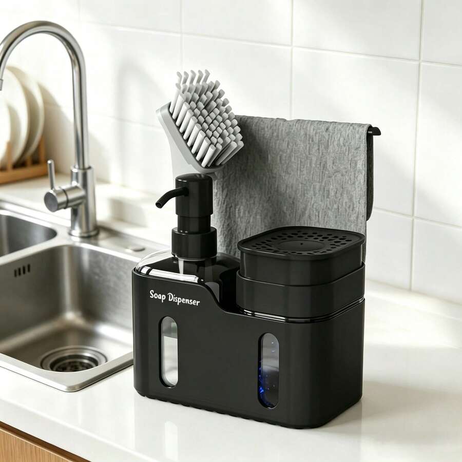 4-In-1 Kitchen Soap Dispenser Set (With Sponge, Brush And Towel Rack), Refillable Countertop Press Bottle, Suitable For Dish Soap And Hand Soap, Space-Saving Sink Storage And Modern Home Decor, Ideal Holiday Gift
