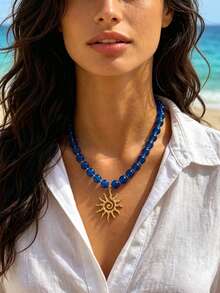 3/2/1pc Vintage Elegant Bohemian Style Women's Metal Sunflower Pendant And Blue Beaded White Pearl Necklace Set, Suitable For Women's Vacation, Date, Layering Wear, Holiday Gift Perfect Choice - Multicolor - View 9