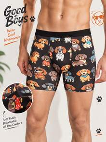 1 Pc Men's Boxer Briefs, Soft Skin-Friendly Fabric, Cute Cartoon Dachshund Dog Print Underwear, Fun Animal Pattern Daily Wear For Dog Lovers - Multicolor - View 1