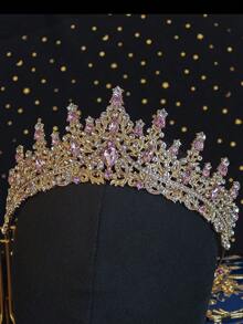 1pc Vintage Gold Pink Crystal Rhinestone Crown Princess Tiara For Women Bridal Wedding Prom Birthday Party Halloween Cosplay Hair Accessories - Pink - View 13
