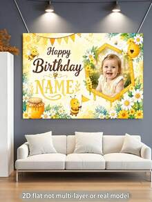 Customizable Name & Photo Bee Theme Backdrop, Honeycomb, Bee Collecting Honey, Daisy, Sunflower Decorative Design, Suitable For Bee Theme Birthday, Baby Shower, Birthday Gift, Background Decoration Photography Banner Vinyl - Yellow - View 3
