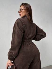 Comfortable Women's Long Sleeve Flannel Jumpsuit With Collar And Zipper, Fashionable Winter Essential - Coffee Brown - View 5