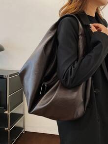 High End Fashionable Lazy Style Women's Tote Bag, Simple And Versatile PU Material Large Capacity Storage Shoulder Bag/Armpit Bag - Coffee Brown - View 2