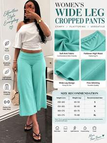 High Waist Wide Leg Cropped Pants, Women's Low Waist Elastic Loose Wide Leg Sports Pants, Elegant Solid Color Slim Fit Wide Leg Pants, Suitable For Commuting And Sports - Mint Blue - View 10