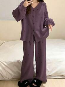 2pcs Women Sleepwear Set, Turndown Collar Cardigan Shirt, Floral Print Fashionable Minimalist 3/4 Pants, Suitable For Home & Leisure, All Seasons - Purple - View 8