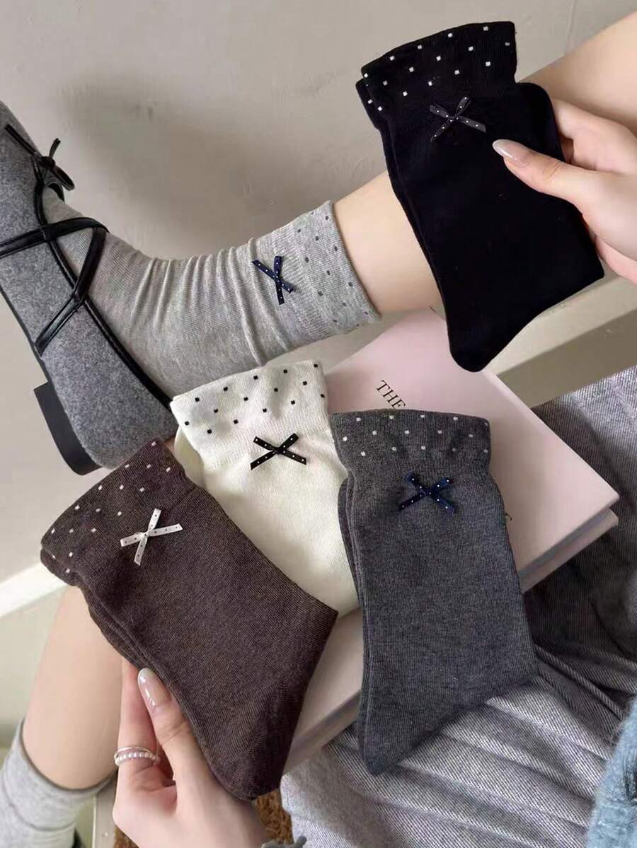 5雙女款波點中筒襪，純色蝴蝶結裝飾柔軟休閒襪，極簡女款日常穿著襪 - 彩色 - 查看 1