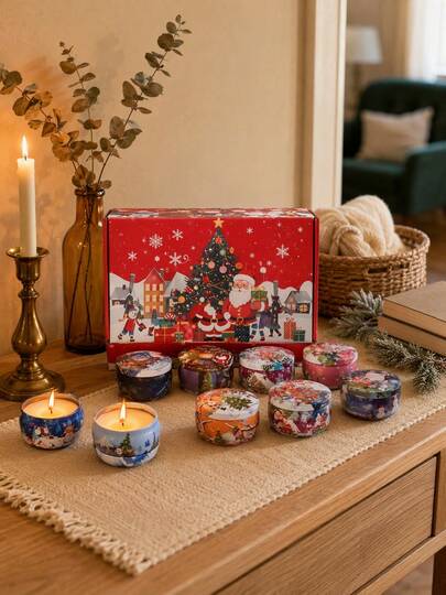 16pcs/1pc Christmas Scented Iron Can Candles, Candle Set, Air Freshener, Perfect Gift For Family And Friends. Aromatherapy Gift Box, Christmas Decoration, Valentine's Day/New Year/Christmas Gift, Santa Claus Pattern Candle Set