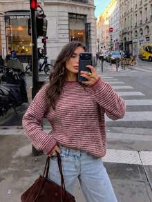 EAVA Women's Casual Loose Striped Knit Sweater, Dropped Shoulder Textured Pullover, Comfortable Vintage Style Autumn/Winter Top - Red - View 3