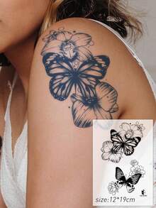 1pc Herbal Juice Semi-Permanent Magic Tattoo Sticker, Vintage Rose Clock Butterfly Pattern, Long-Lasting 14 Days, No Fading, No Reflection, Temporary Tattoo For Arm, Waist, Abdomen, Leg And Body - Blue - View 3