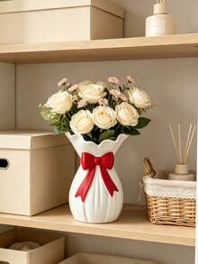 1pc White Vase With Red Bow, Elegant Wavy Edge Vase, Modern Decorative Centerpiece, Suitable For Vanity And Dining Table, Housewarming Gift, Home Center Decor, Vanity Decor, Housewarming Gift - Multi-color - View 3