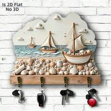 2D Flat Non-3D Nautical Sailboat Shell Wooden Key Hook Wall Decor, Coastal Beach Style Entryway Wall-Mounted Key Storage Rack, Room Decoration, Living Room Decoration, Home Decor, Nautical Mother's Day Gift, Seaside Cottage Entryway Wall-Mounted Key Hook - Multicolor - View 1