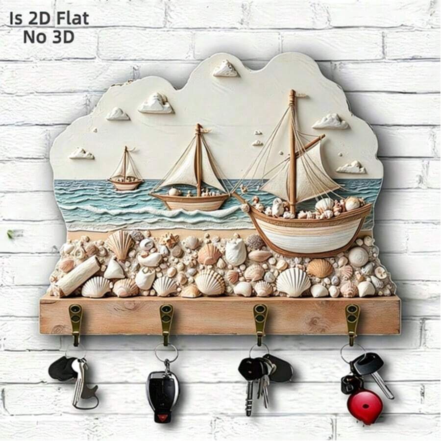 2D Flat Non-3D Nautical Sailboat Shell Wooden Key Hook Wall Decor, Coastal Beach Style Entryway Wall-Mounted Key Storage Rack, Room Decoration, Living Room Decoration, Home Decor, Nautical Mother's Day Gift, Seaside Cottage Entryway Wall-Mounted Key Hook - Multicolor - View 1