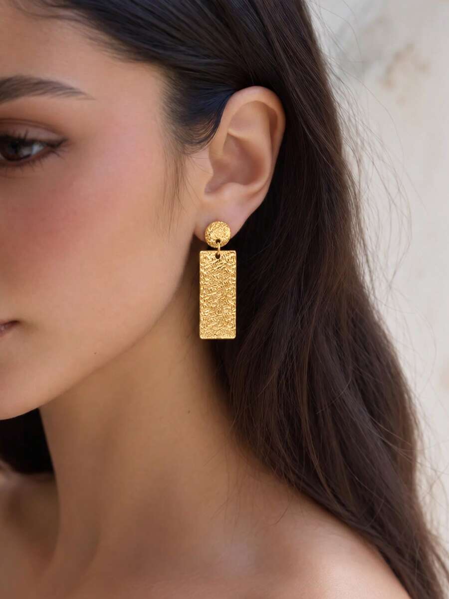 1pair Stainless Steel Retro Geometric Dangling Statement Earrings For Women, 316L Stainless Steel Earrings, Waterproof Earrings, Gift For Her - Gold - View 1