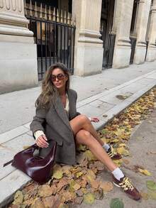 Women's Vintage Herringbone Knit Blazer, Pointed Collar Long Sleeve, Faux Pockets, Single-Breasted Closure, Regular Length Autumn Jacket - Dark Grey - View 6