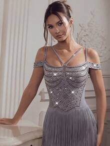 FEELAIR New Cold Shoulder Spaghetti Strap Heavy Rhinestone Tassel Long Dress, Grey Slim Fit Evening Gown, Suitable For Party, Banquet And Formal Occasions - Gray Blue - View 4