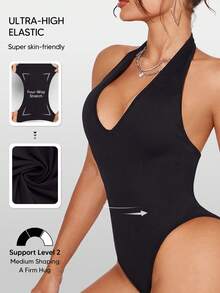 Women's Sexy Deep V-Neck Backless Halter One-Piece Swimsuit, Summer - Black - View 4