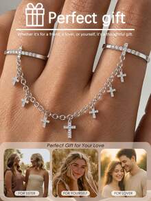 1pc Silver Y2K Multi-Cross Pendant Double Finger Connected Ring, Sparkling Rhinestone Women's Daily Party Accessory - Silver - View 2